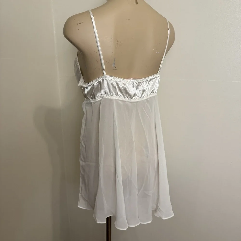 Babydoll White Satin Sheer Lace Bridal Lingerie Sz Large Fairy Beaded Coquette‎